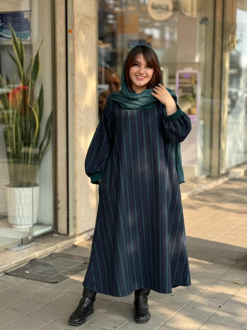 پیراهن هدیه سورمه ای سبز راه راه