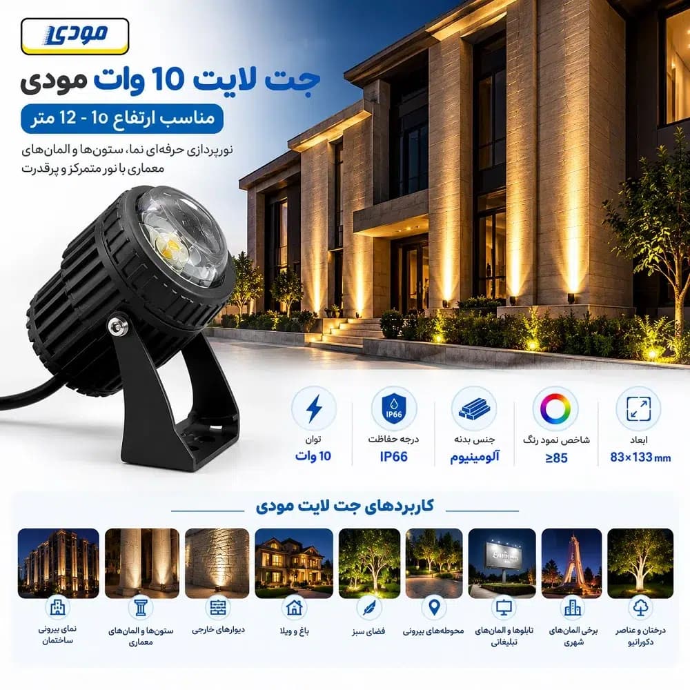جت لایت 10 وات مودی مدل IR-MD2610 | بدنه آلومینیومی و ضدآب — تصویر ۳