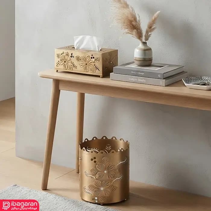 ست جعبه دستمال کاغذی و سطل زباله طلایی گلدار ریور مدل 4087