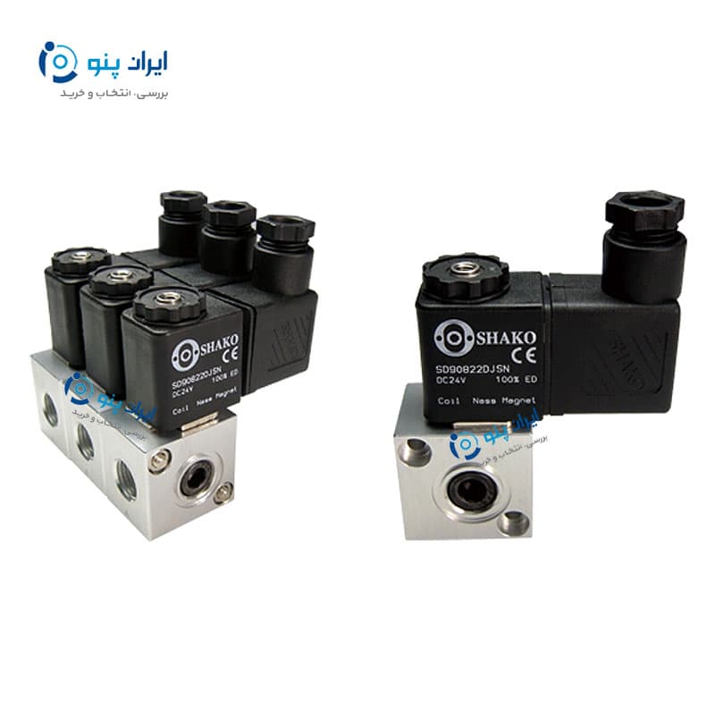شیر برقی پنوماتیک ۵/۳ سایز ۱/۴ اینچ دو بوبین شاکو PU530-02D SHAKO