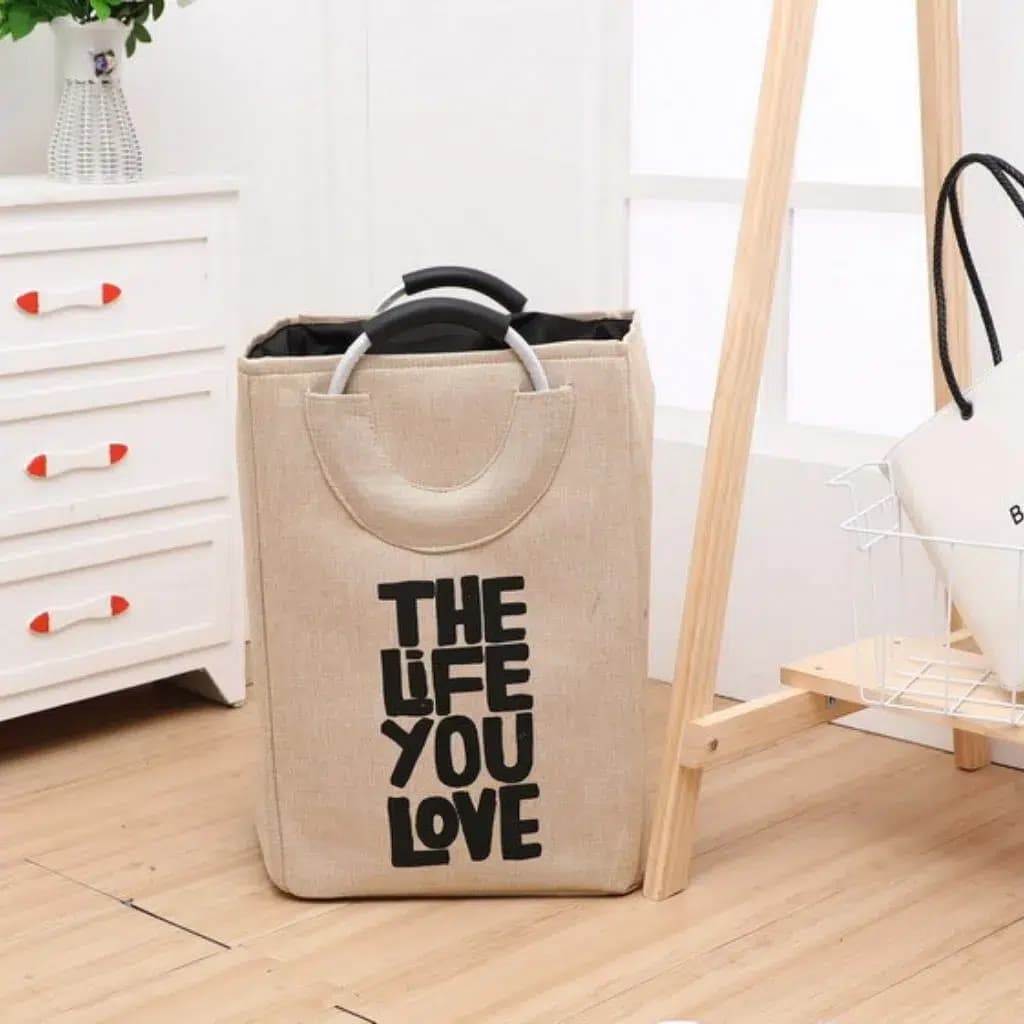 سبد لاندری کتان مدل مکعبی طرح Life You Love دسته فلزی کد m290 — تصویر ۷