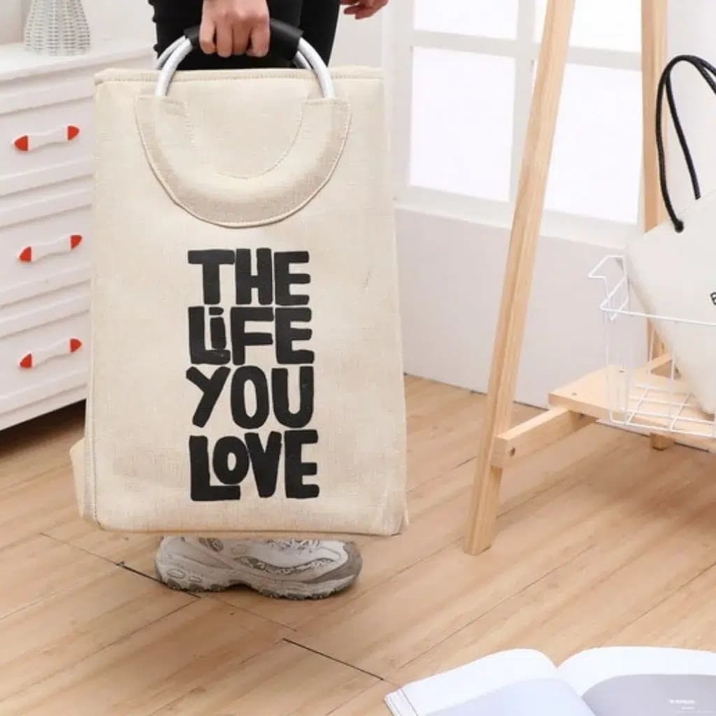 سبد لاندری کتان مدل مکعبی طرح Life You Love دسته فلزی کد m290 — تصویر ۳