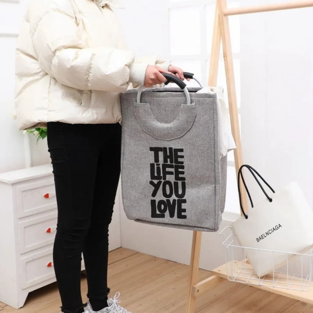 سبد لاندری کتان مدل مکعبی طرح Life You Love دسته فلزی کد m290 — تصویر ۲