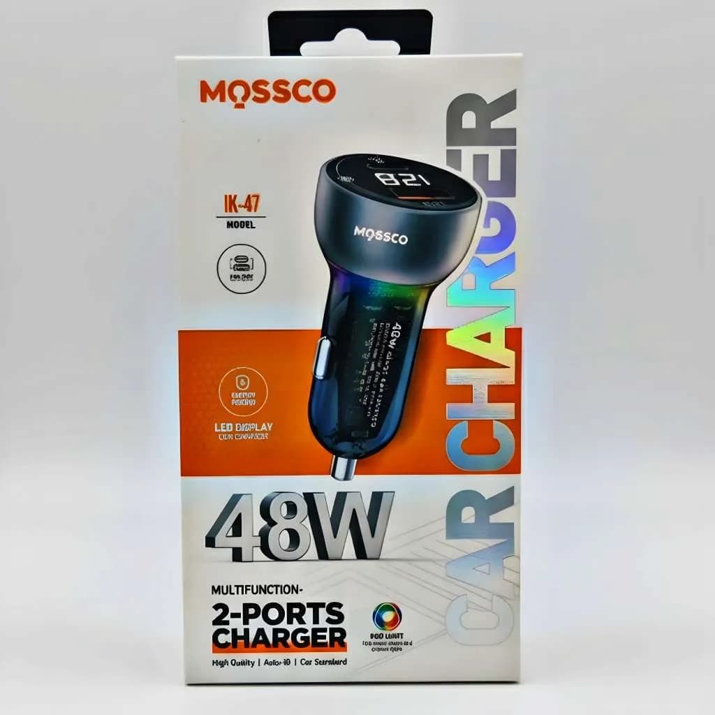 شارژر فندکی فست شارژ ۴۸ واتی دو پورت MOSSCO IK-47 با رقص نور و صفحه نمایش LED — تصویر ۲