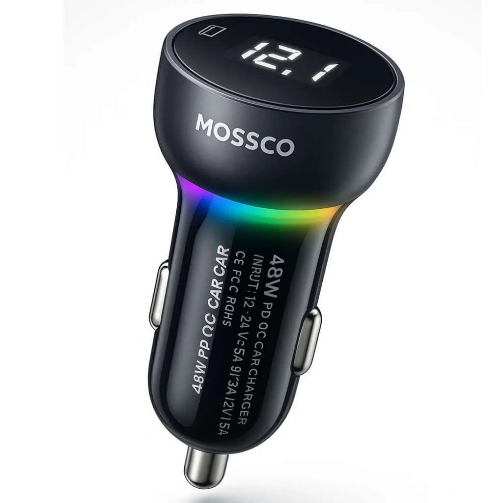 شارژر فندکی فست شارژ ۴۸ واتی دو پورت MOSSCO IK-47 با رقص نور و صفحه نمایش LED