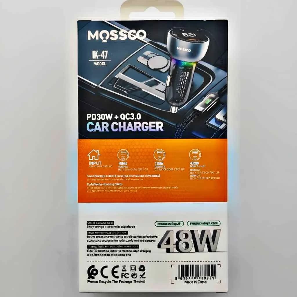 شارژر فندکی فست شارژ ۴۸ واتی دو پورت MOSSCO IK-47 با رقص نور و صفحه نمایش LED — تصویر ۳
