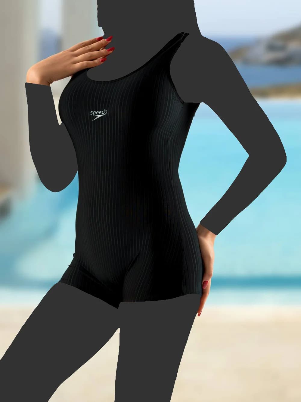 مایو پادار زنانه طرح راه راه کلاسیک مشکی رنگ شیک و جذاب اسپیدو ( Speedo ) کاپدار مجلسی — تصویر ۳