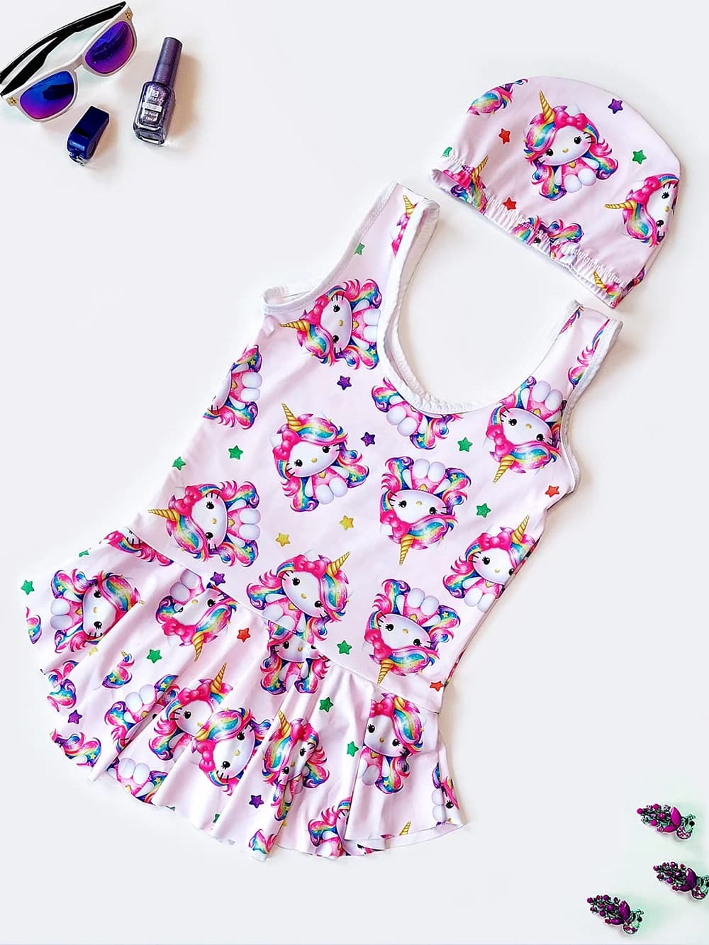 مایو دامن دار دخترانه بچه گانه سرهمی با ست کلاه شنا اسپیدو ( Speedo ) صورتی