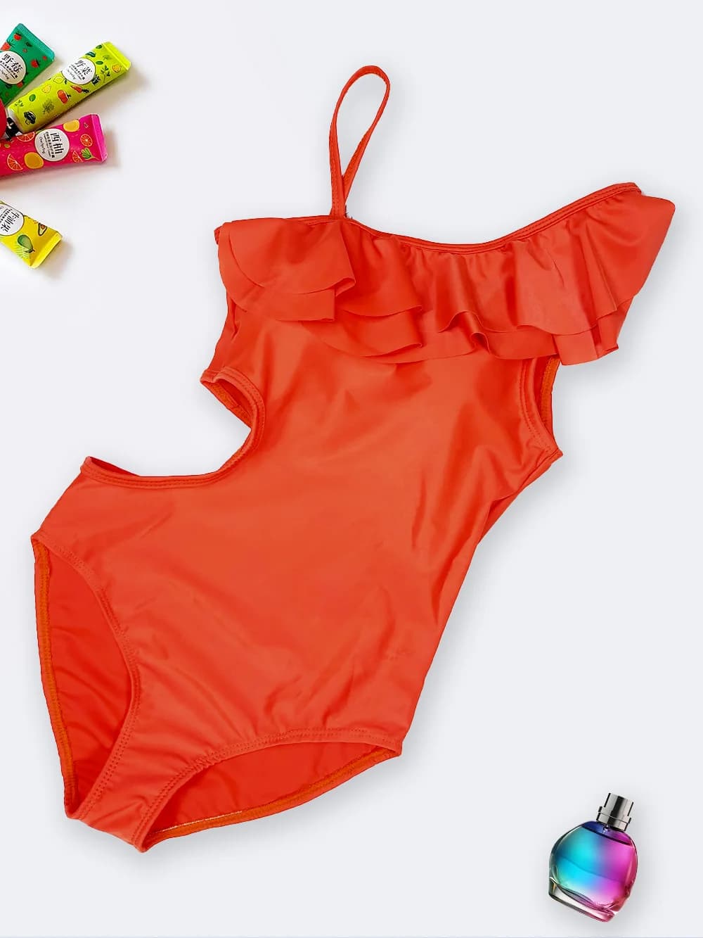 مایو زنانه فانتزی بصورت یقه رومی چین دار اسپیدو ( Speedo ) نارنجی رنگ با کاپ
