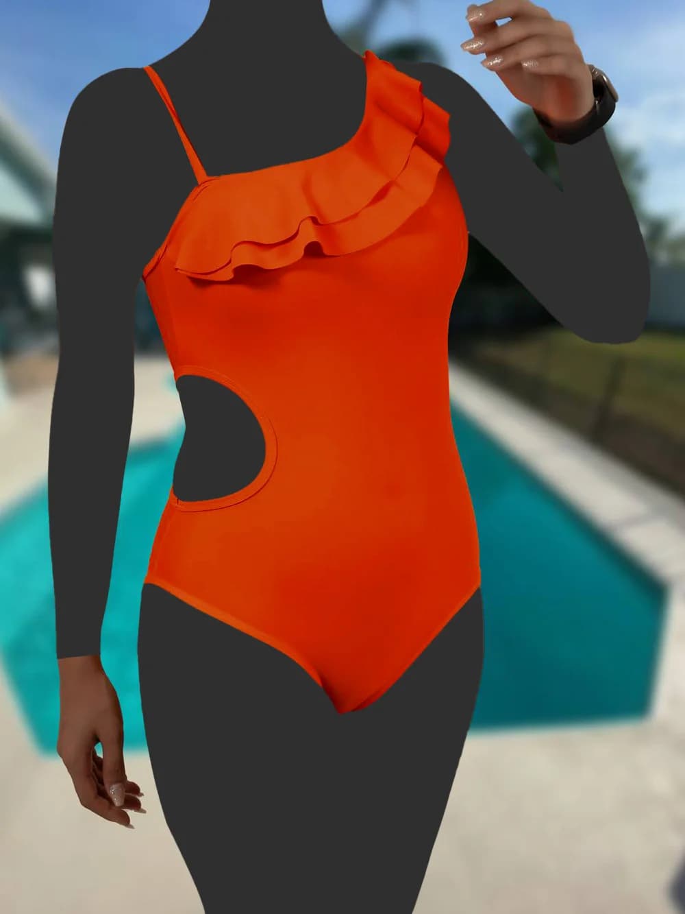 مایو زنانه فانتزی بصورت یقه رومی چین دار اسپیدو ( Speedo ) نارنجی رنگ با کاپ — تصویر ۳