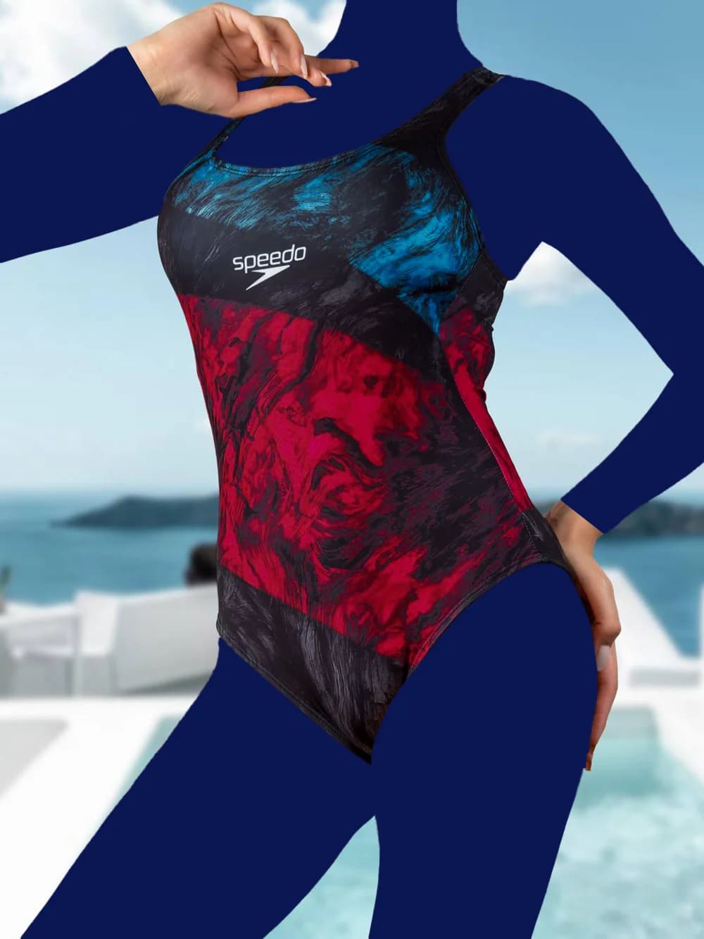 مایو اسلیپ زنانه پشت قهرمانی با طرح آبرنگی اسپیدو ( Speedo ) کاپدار برای استخر — تصویر ۳