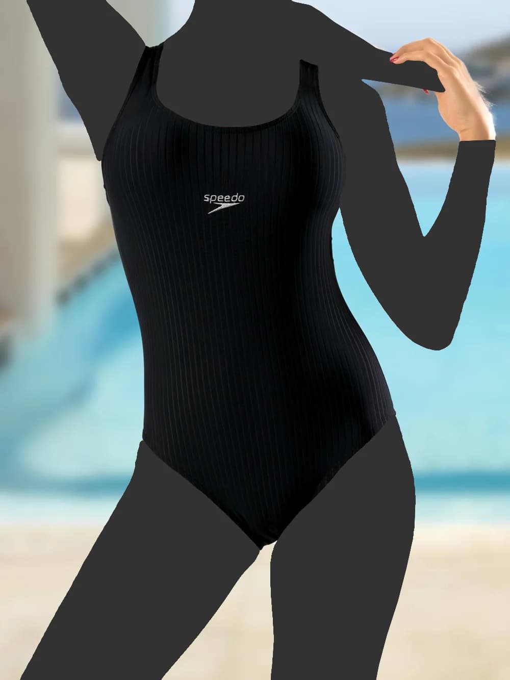 مایو زنانه اسلیپ مشکی رنگ طرح راه راه کلاسیک شیک و ساده اسپیدو ( Speedo ) کاپدار — تصویر ۳