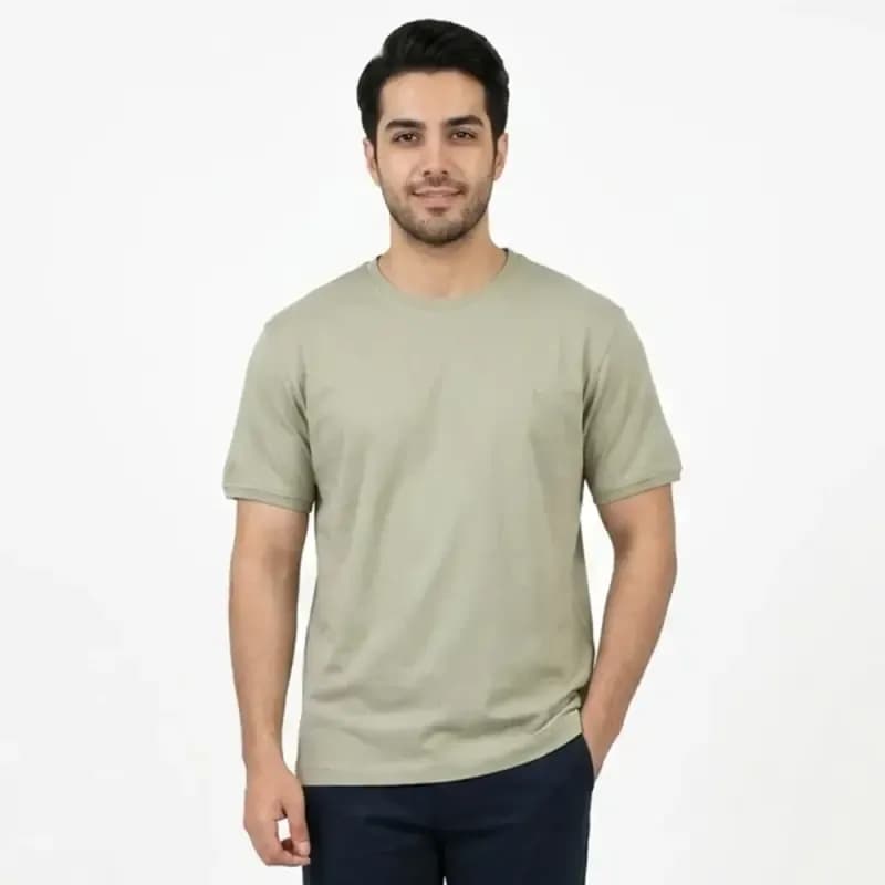 تیشرت بیسیک مردانه پنبه خالص یقه گرد رنگ خاکی — تصویر ۵