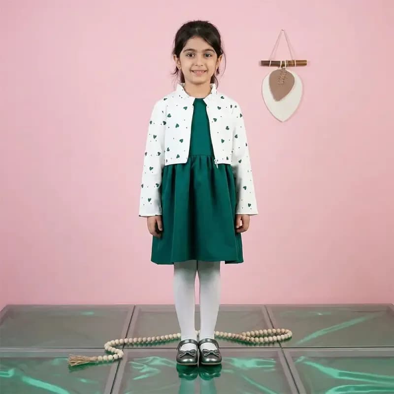 ست کت و سارافون دخترانه طرح قلبی رنگ سبز جنس مازراتی — تصویر ۶