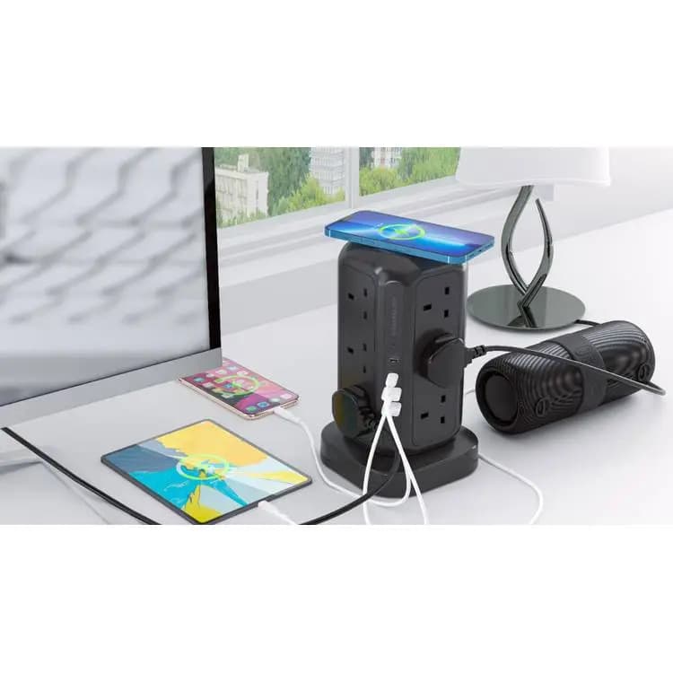 چند راهی برق و شارژر پاورولوژی Powerology 12 Socket Multi-Port Tower Hub PWCUQC013 دارای 4 پورت (نسخه اورجینال پلمپ ارسال فوری) — تصویر ۳