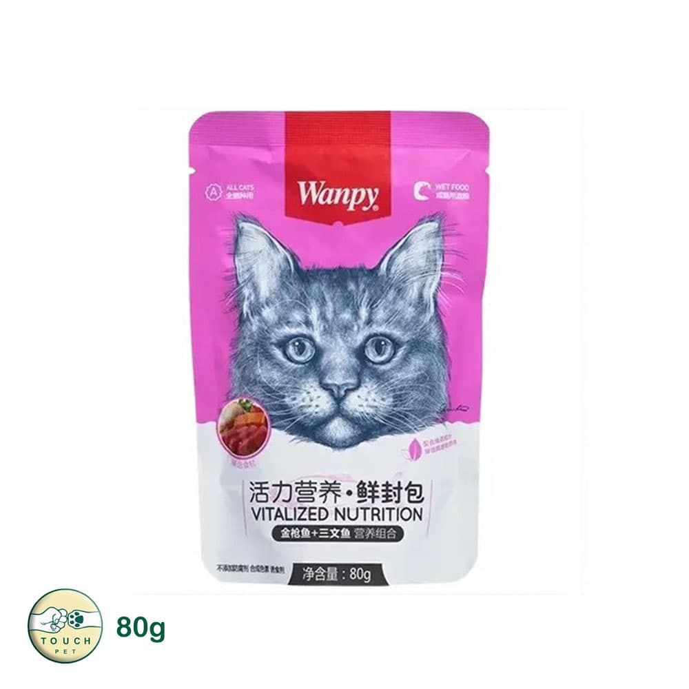 پوچ گربه ونپی طعم مرغ و ماهی سالمون و تن وزن 80 گرم