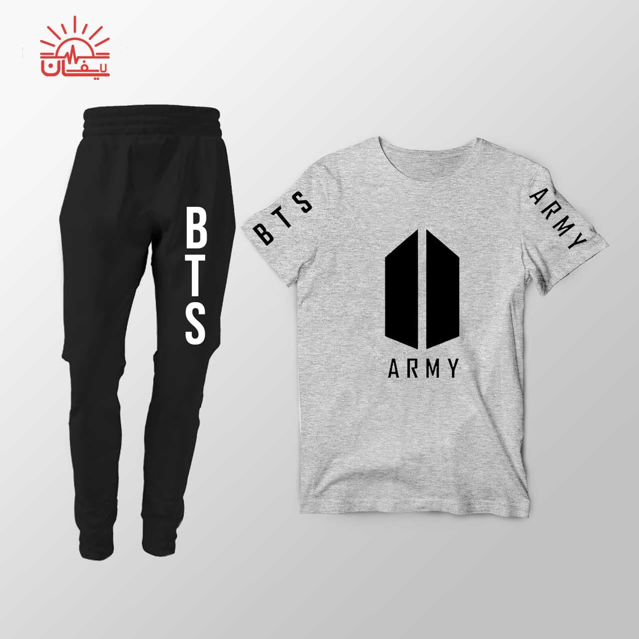 ست تیشرت طوسی و اسلش BTS