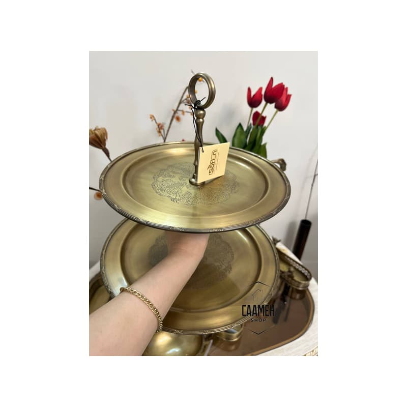 شیرینی خوری دو طبقه گل گندم برنجی 4035 — تصویر ۲