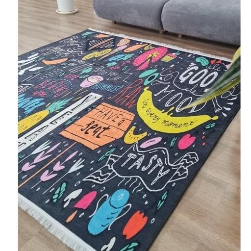فرش ماشینی چاپی | فرشینه آشپزخانه زمینه تیره فانتزی هازان ترک K106 (پس کرایه) — تصویر ۵