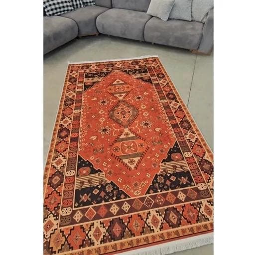 فرش ماشینی چاپی | فرشینه هازان ترک طرح سنتی نارنجی کدO129 (پس کرایه) — تصویر ۳