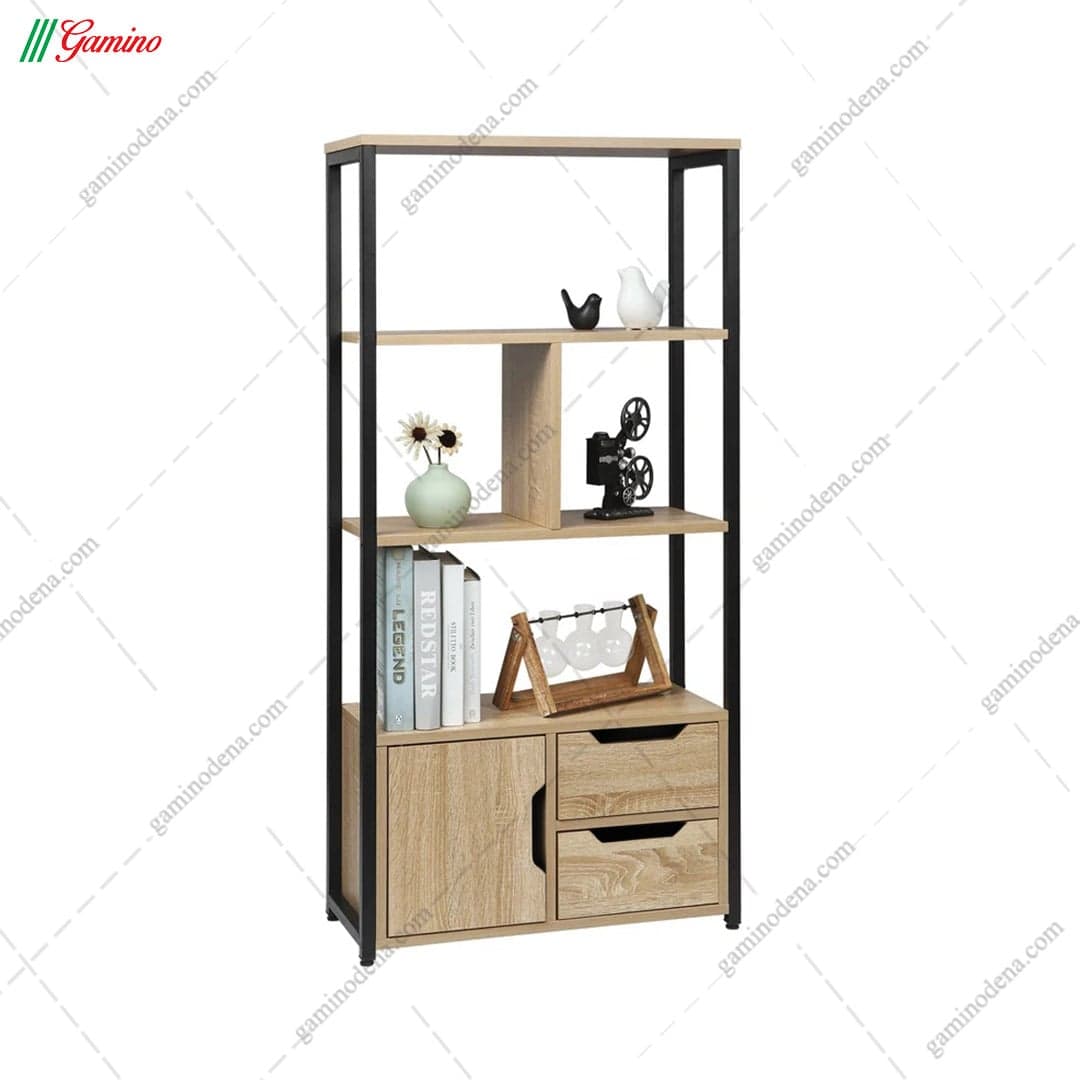 کتابخانه چوبی خانگی چوب و فلز مدل آبان — تصویر ۲