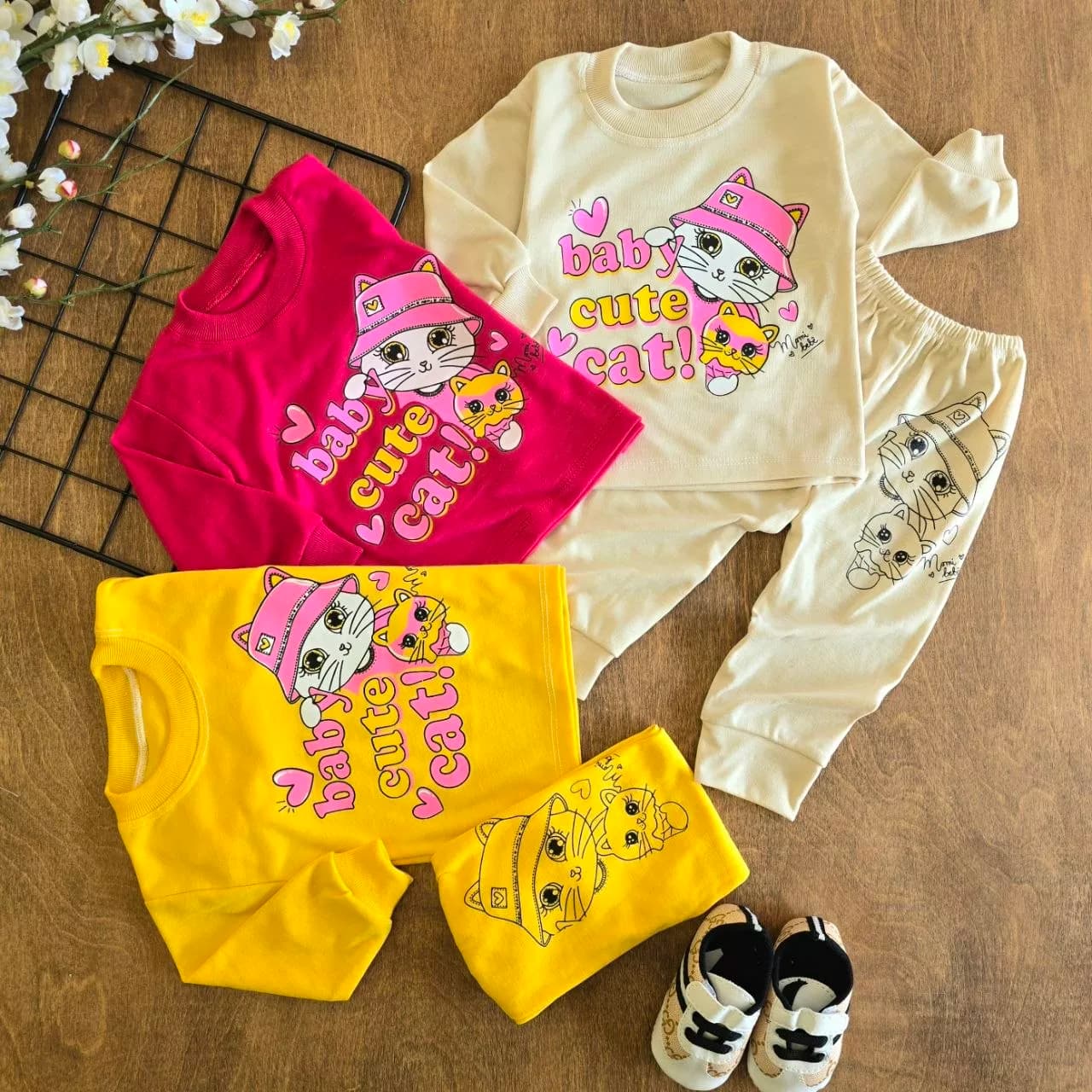 بلوز شلوار نخی دو گربه Baby Cute Cat (ایراددار) کد 6970-1