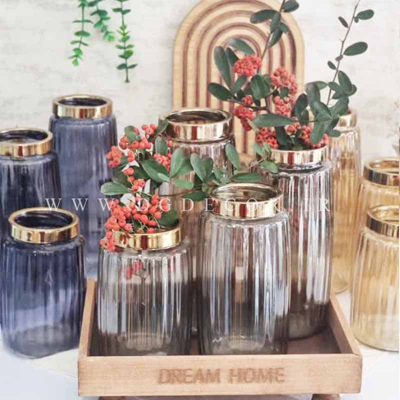 گلدان شیشه ای لب برنجی دکوراتیو