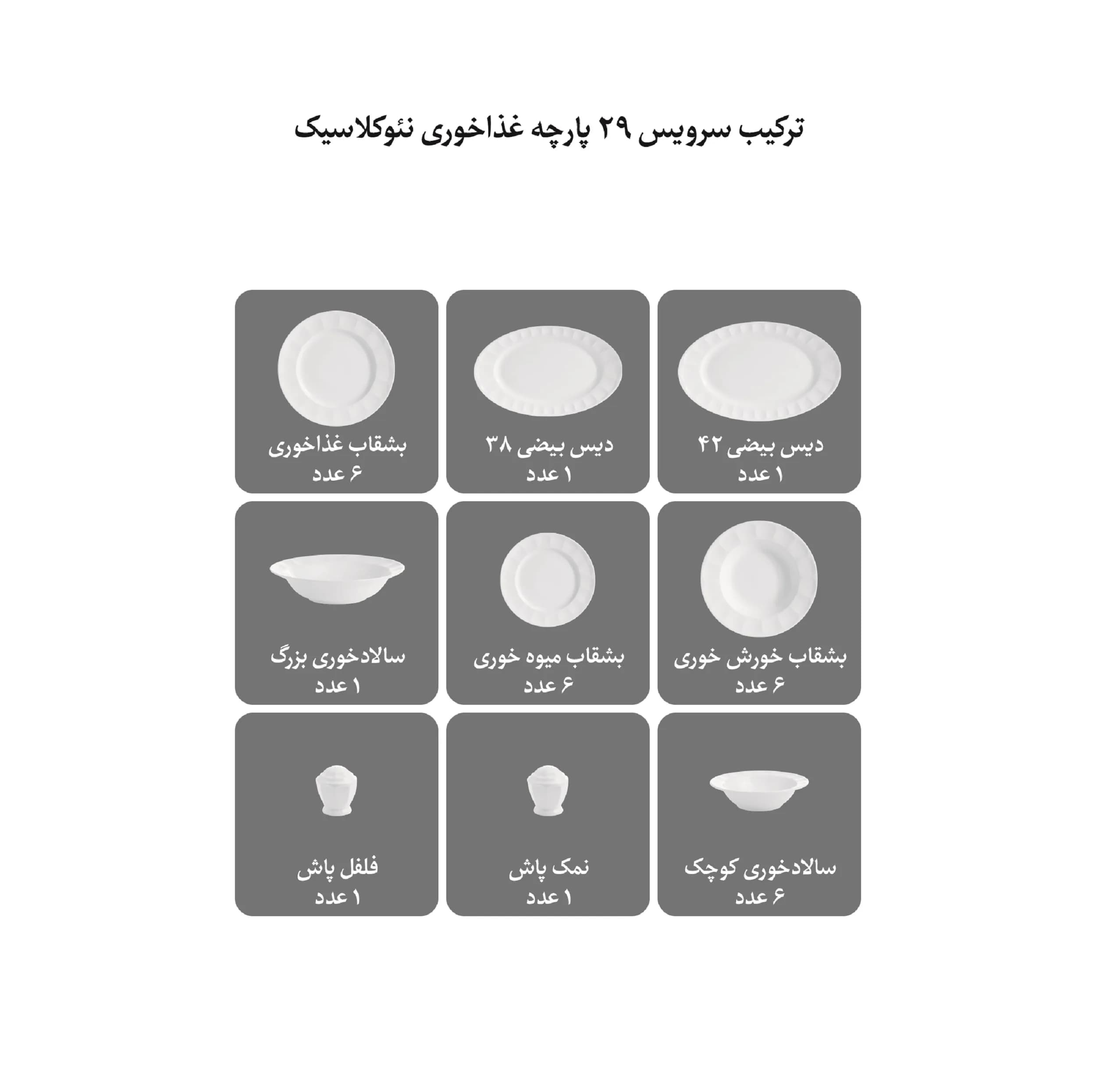 سرویس غذاخوری 29 پارچه چینی زرین ایران مدل نئوکلاسیک کارراگلد درجه یک — تصویر ۶