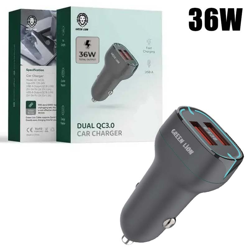 شارژر فندکی 2 پورت فست 36W Green Lion