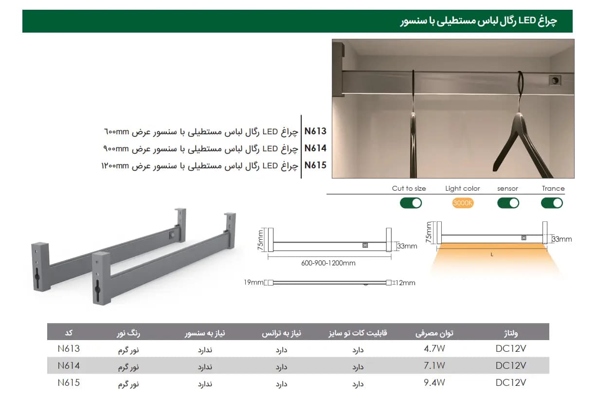 چراغ LED رگال لباس مستطیلی با سنسور فانتونی — تصویر ۲