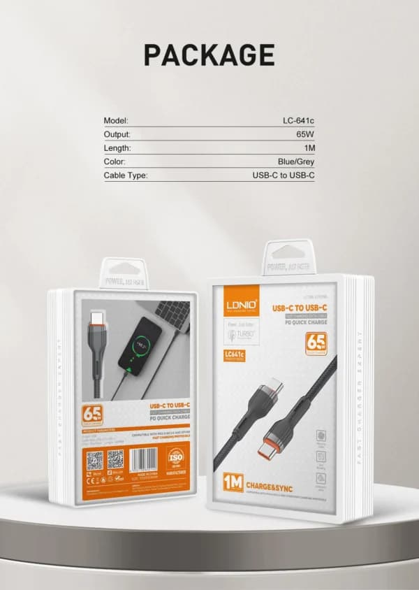 کابل شارژ LDNIO LC641C مدل TYPE C به TYPE C طول 1 متر کنفی