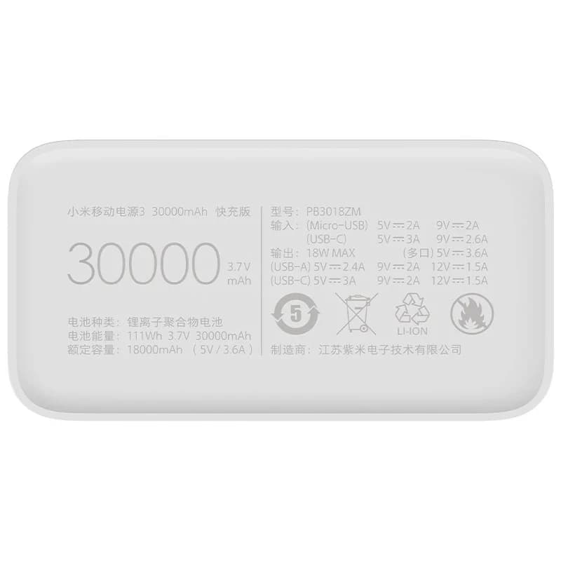 پاوربانک 30000 میلی‌آمپرساعت شیائومی مدل Xiaomi 18W Power Bank PB3018ZM — تصویر ۲