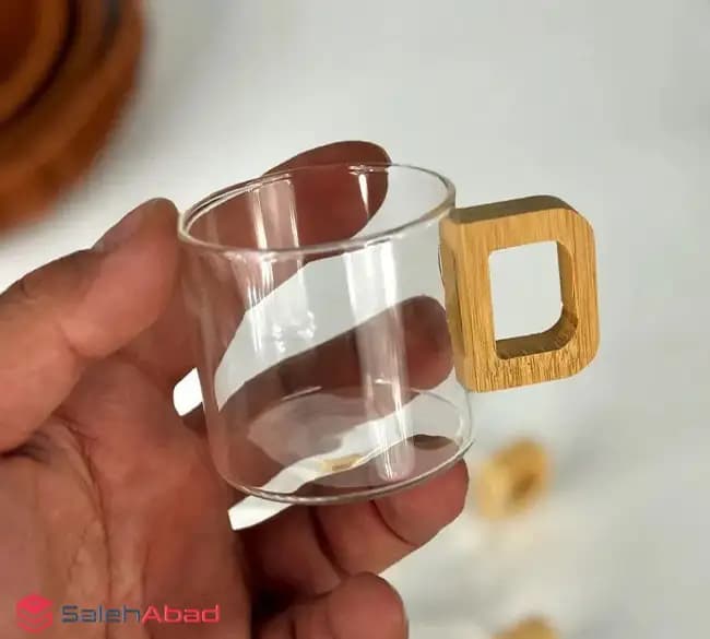 فنجان پیرکس شیشه ای دسته چوبی