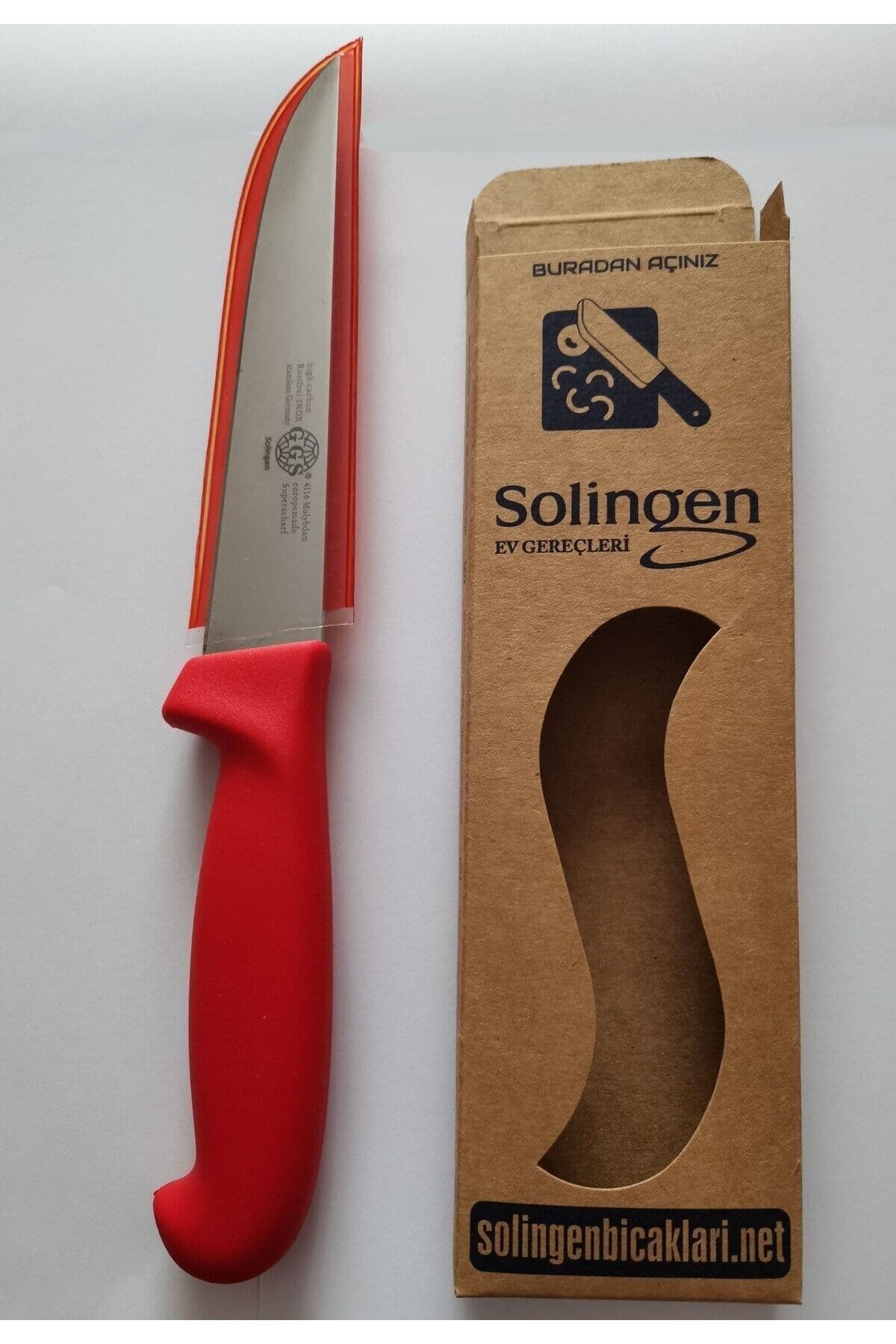 چاقوی آشپزخانه زولینگن (Solingen) با طول کلی ۲۹ سانتی‌متر و دسته قرمز – ساخت آلمان