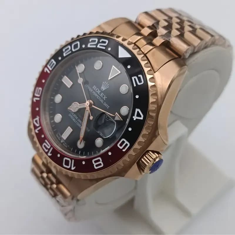 ساعت مردانه رولکس رزگلد صفحه مشکی مدل جی ام تی GMT مسترکوالیتی موتور ژاپن — تصویر ۲