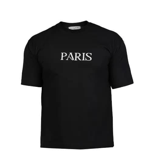 تیشرت Paris باکسی مچینست ماکان یقه گرد مردانه مشکی طرح دار مدل 47521