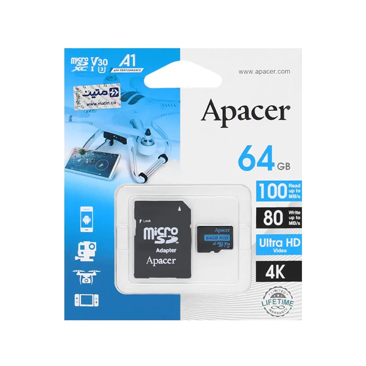 کارت حافظه اپیسر Apacer MicroSDHC UHS-I U3 V30 R100 64GB — تصویر ۲