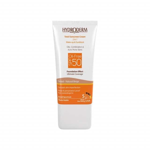 کرم ضد آفتاب فاقد چربی ۲در۱ هیدرودرم SPF50 حجم ۴۰ میلی لیتر بژ طبیعی