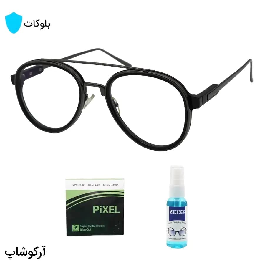 عینک بلوکات با فریم شکل خلبانی، رنگ مشکی و نوک مدادی، برند Ditiai و لنز بلوکات ژاپنی برند Pixel مدل 0517