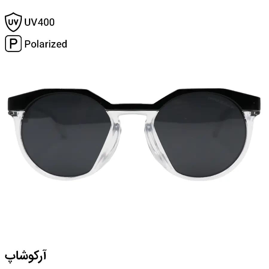 عینک ورزشی اوکلی با فریم رنگ مشکی و شفاف براق، شکل گرد و لنز دودی تیره و پلاریزه مدل 009242A — تصویر ۲