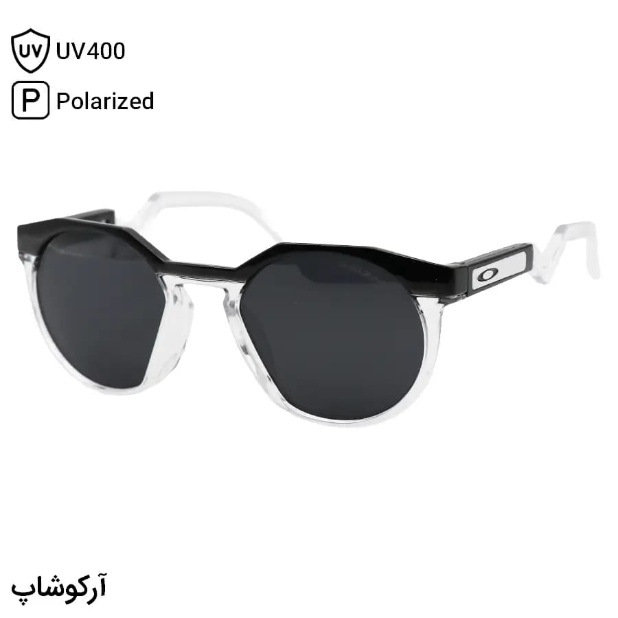 عینک ورزشی اوکلی با فریم رنگ مشکی و شفاف براق، شکل گرد و لنز دودی تیره و پلاریزه مدل 009242A
