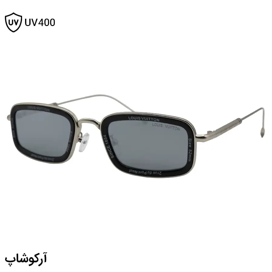 عینک آفتابی لویی ویتون با فریم مستطیلی شکل، رنگ مشکی و نقره‌ای براق و لنز دودی تیره و آینه‌ای مدل 7324