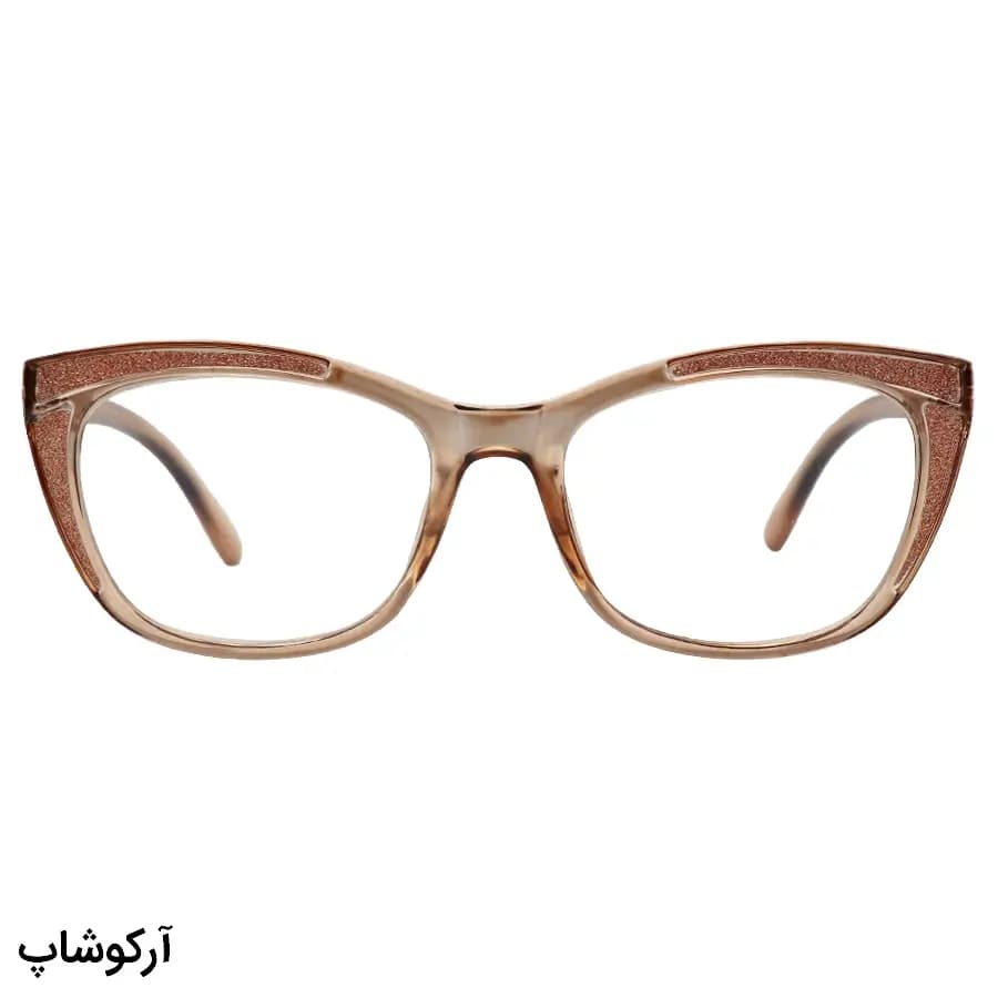 عینک مطالعه زنانه نزدیک بین نمره +1.50 با فریم عسلی براق، شکل گربهای، شاین دار و دسته فنری مدل 2312 — تصویر ۲