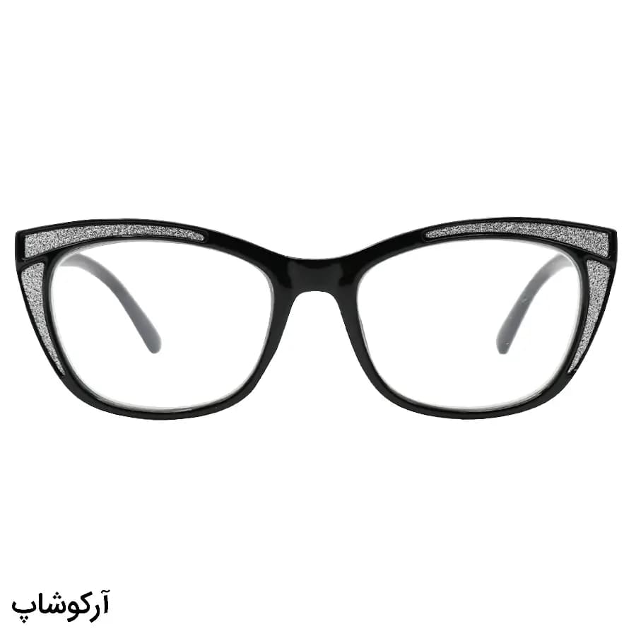 عینک مطالعه زنانه نزدیک بین نمره +1.75 با فریم مشکی براق، شکل گربهای، شاین دار و دسته فنری مدل 2312 — تصویر ۲