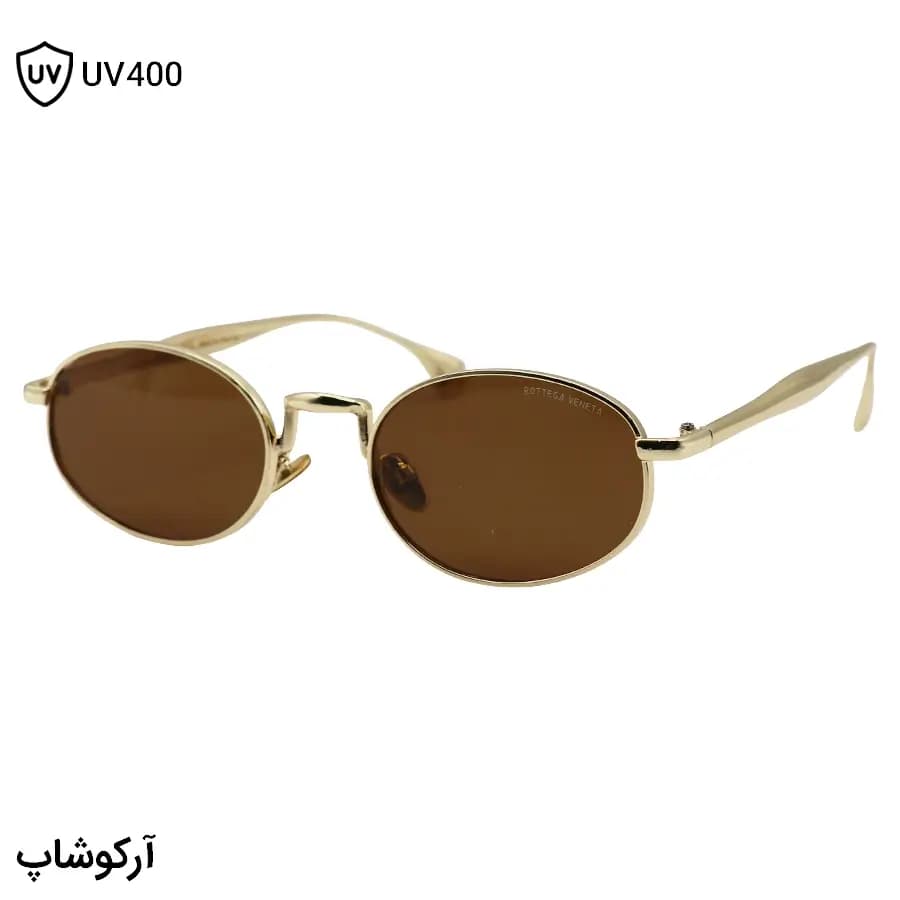 عینک آفتابی Bottega Veneta با فریم بیضی شکل، رنگ طلایی براق و لنز قهوهای تیره مدل 98150