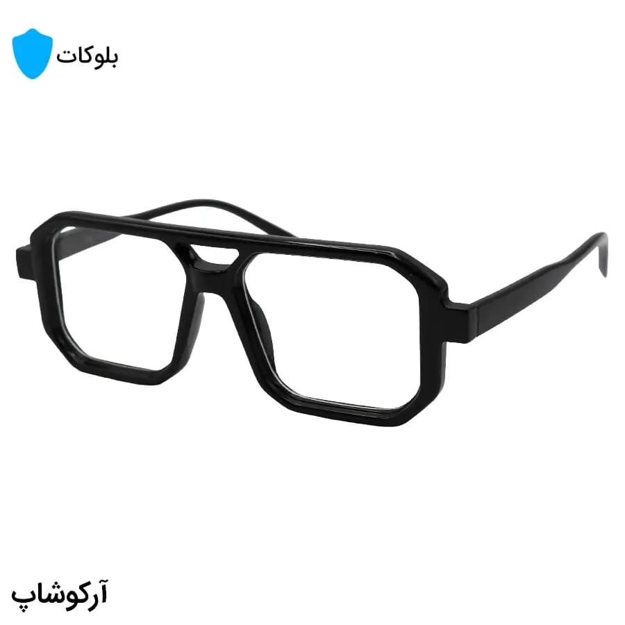 عینک برند PRADA با فریم مربعی شکل، رنگ مشکی براق و لنز بی‌رنگ و بلوکات مدل ZN3903