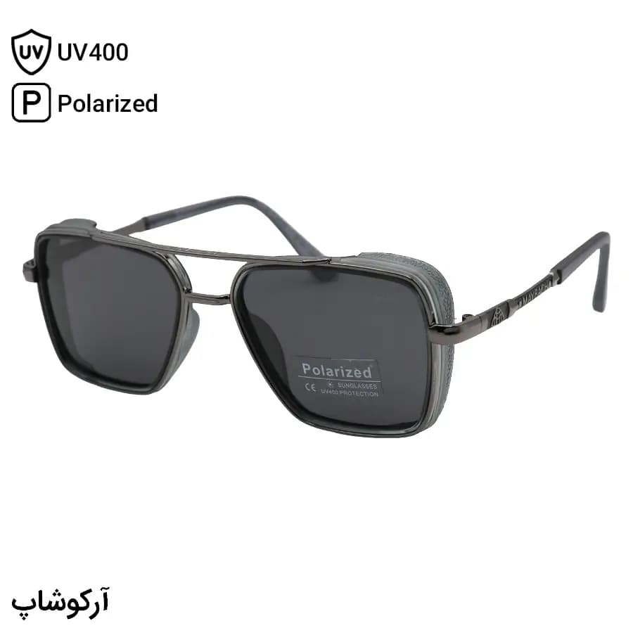عینک آفتابی میباخ با فریم مربعی شکل، رنگ طوسی و نوک مدادی و لنز دودی تیره و پلاریزه مدل MA333