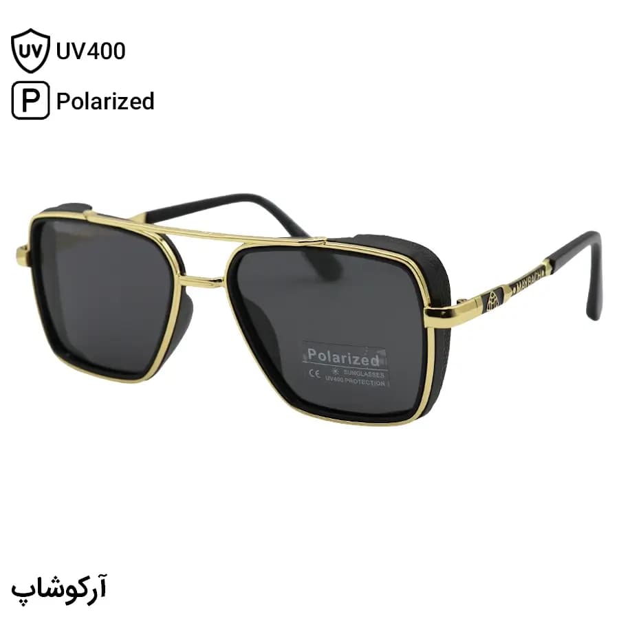 عینک آفتابی میباخ با فریم مربعی شکل، رنگ مشکی و طلایی و لنز دودی تیره و پلاریزه مدل MA333