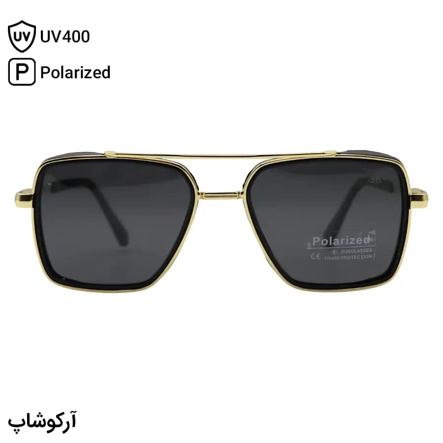 عینک آفتابی میباخ با فریم مربعی شکل، رنگ مشکی و طلایی و لنز دودی تیره و پلاریزه مدل MA333 — تصویر ۲