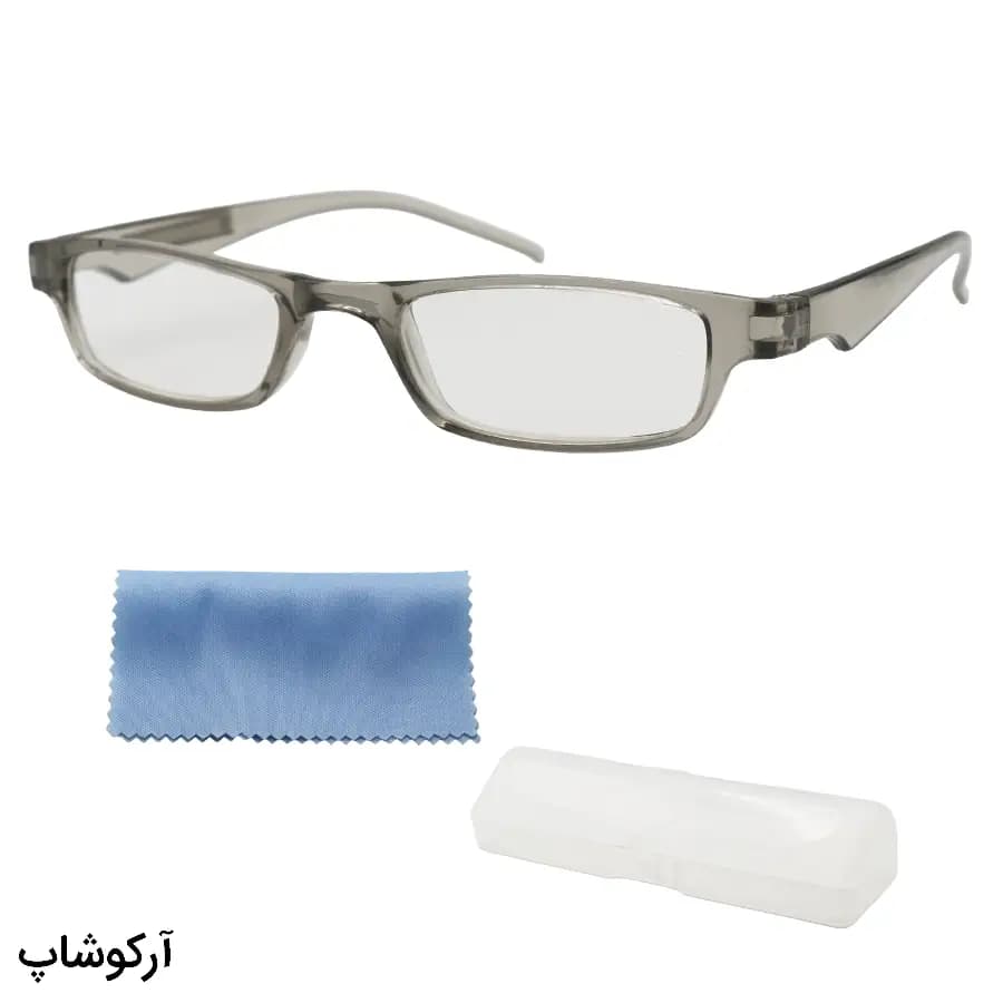 عینک مطالعه نمره +1.25 نزدیک بین با فریم طوسی براق و مستطیلی شکل (بههمراه قاب و دستمال) مدل TOP-25